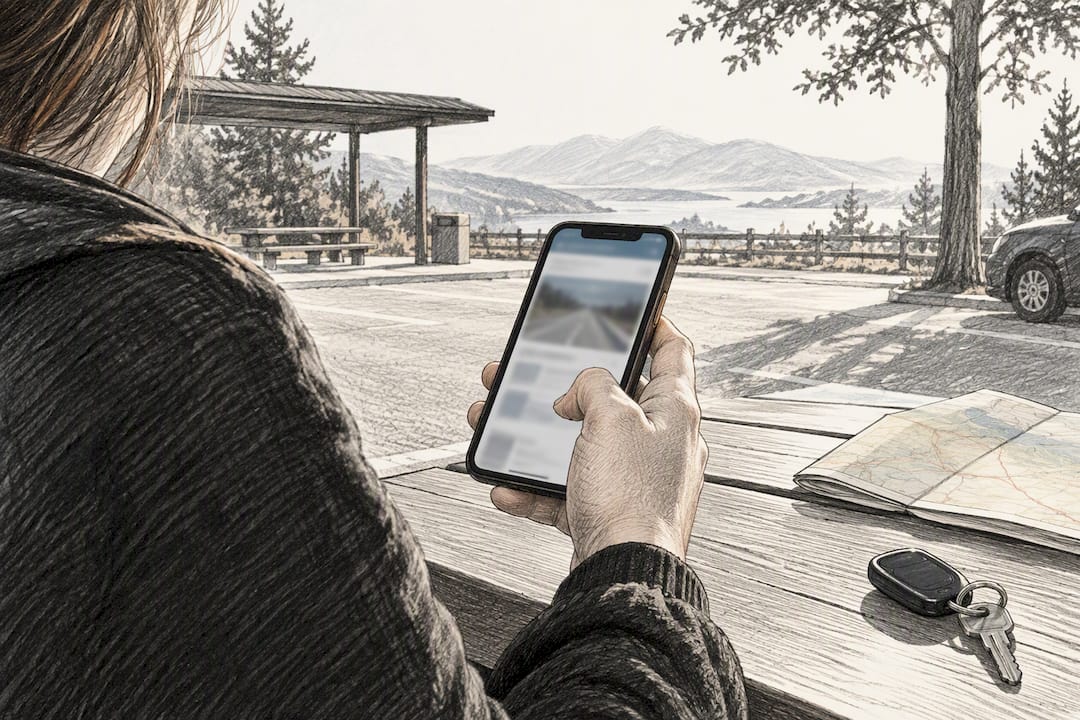 Traveler checking border camera on phone