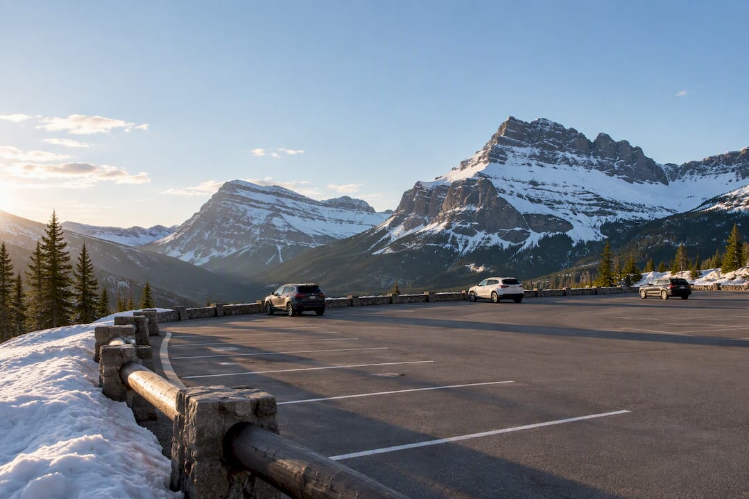 High-elevation mountain parking lot at dawn