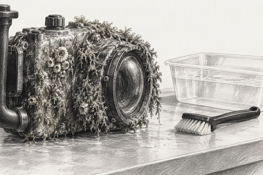 Algae-covered underwater camera housing