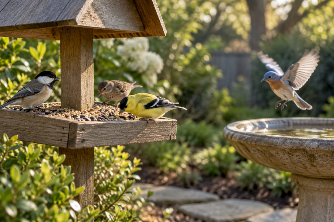 Wild birds visiting feeder and bird bath